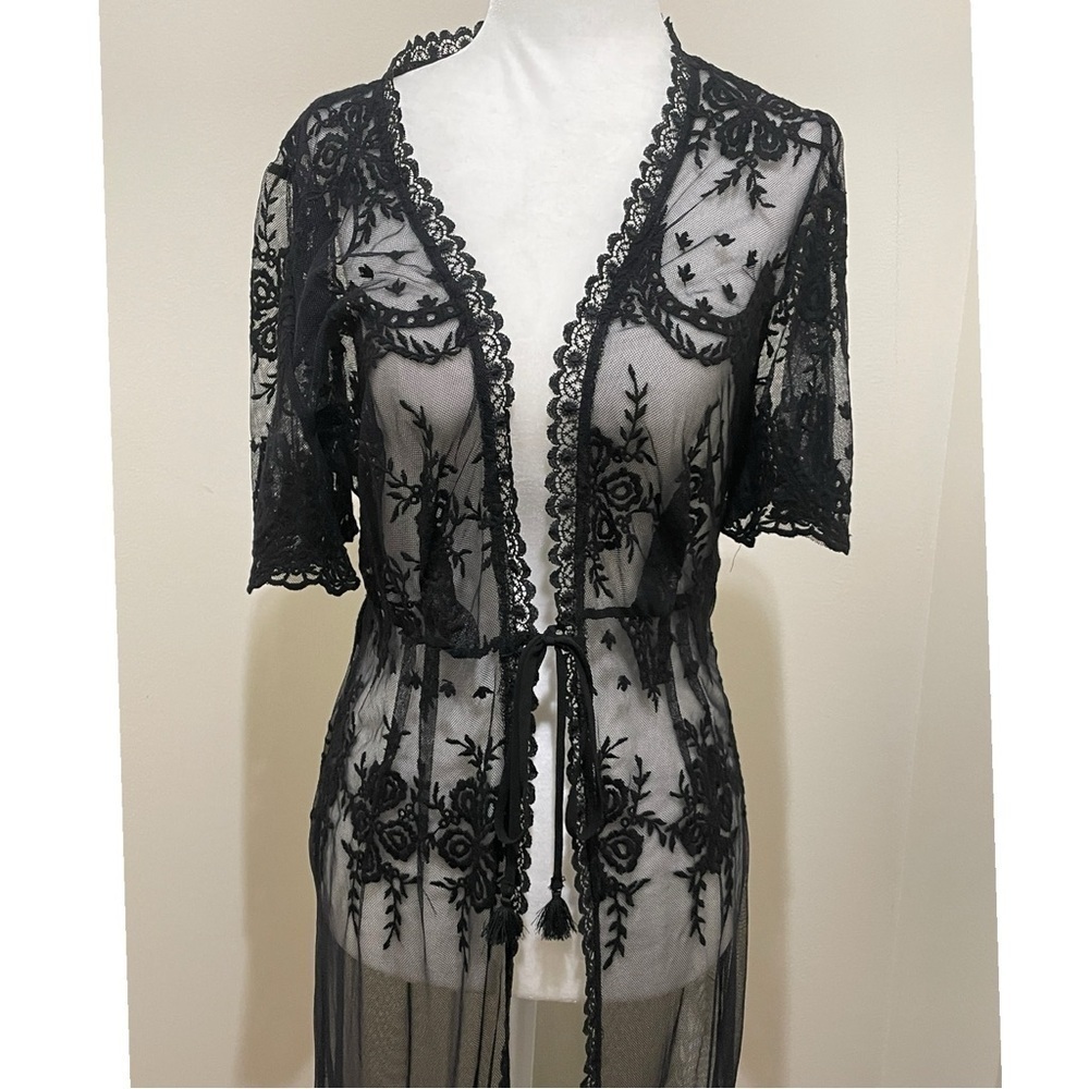 NWT Bloomingdale's AQUA Black Floral Short Sleeve Sheer Kimono, M - Picture 3 of 16